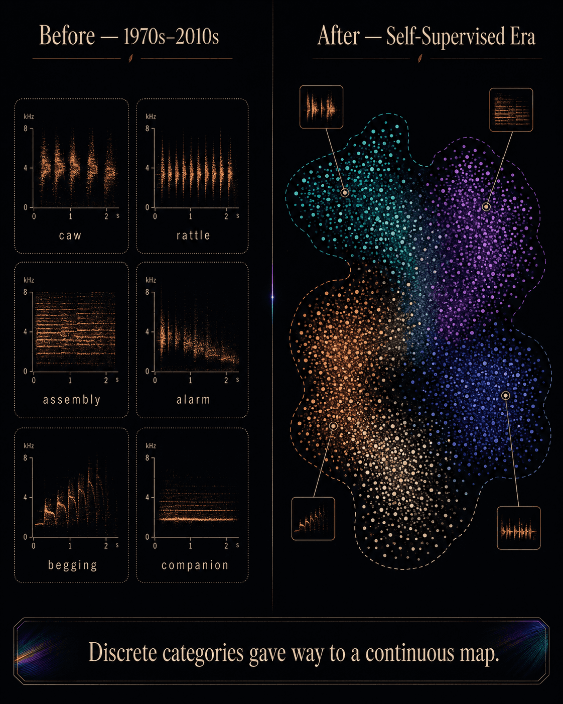 Vertical split: six discrete labeled call tiles (1970s–2010s) versus a continuous iridescent UMAP cloud (self-supervised era).