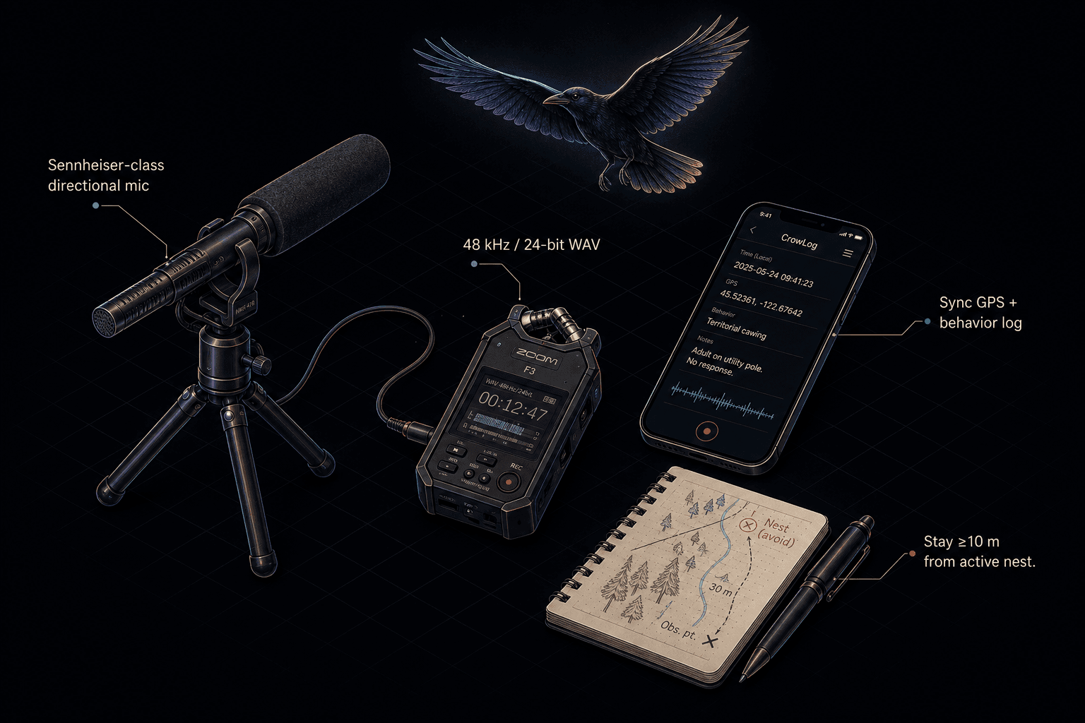 Isometric illustration of a minimal field-recording rig: directional shotgun mic, field recorder, smartphone behavior log.